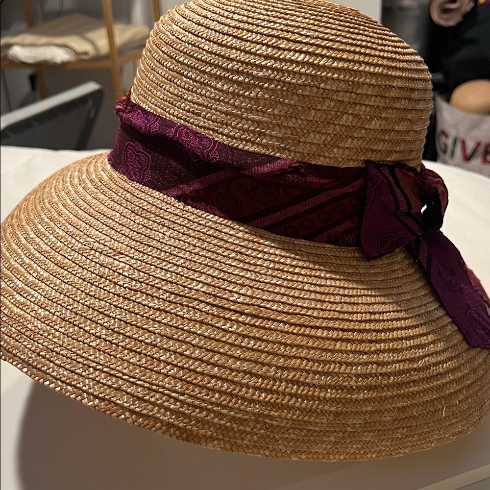 Straw Sun Hat with Burgundy Scarf Accent - Women Accessories